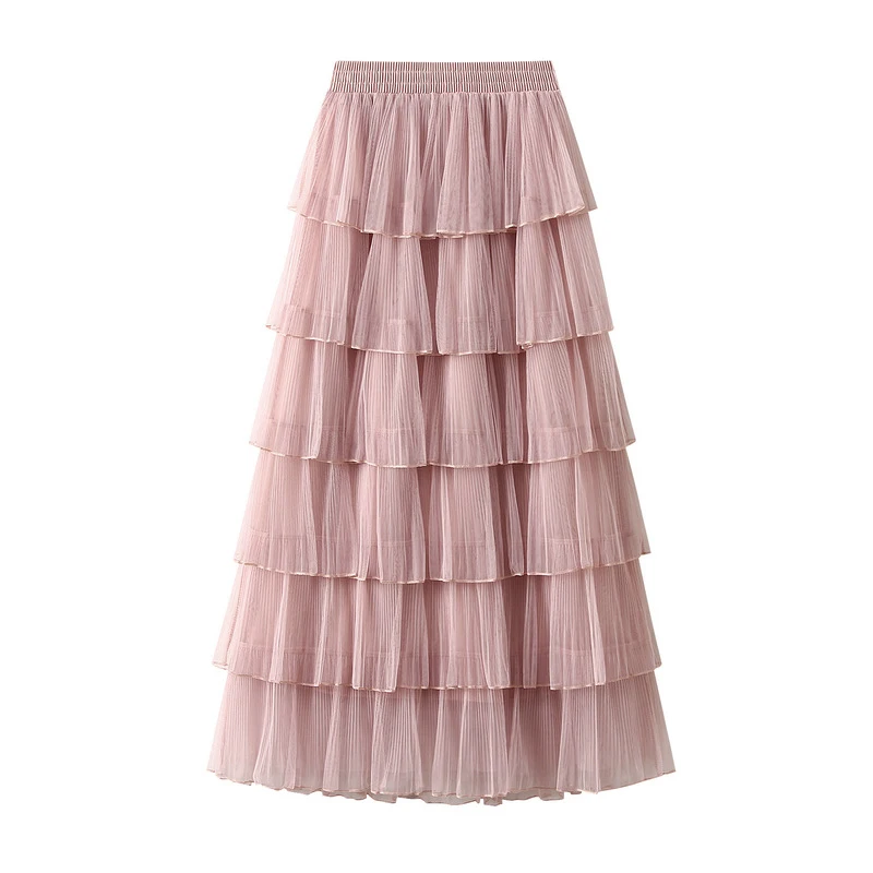 2024 Spring Autumn Elastic Waist Loose Long Skirts Fashion Layered Pleats Cake Skirt Elegant Women Solid Color Mesh Half Skirts