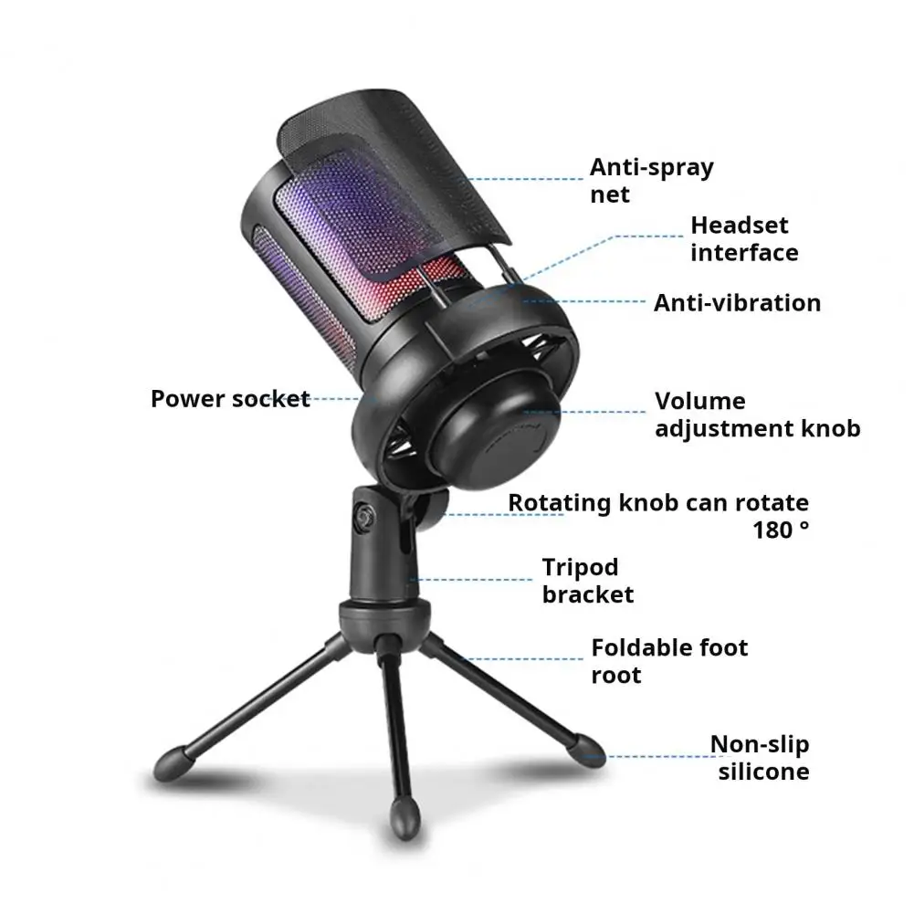 Recording Microphone Professional Gaming Microphone with Tripod Stand Noise Reduction Technology Rgb Light Design for Universal