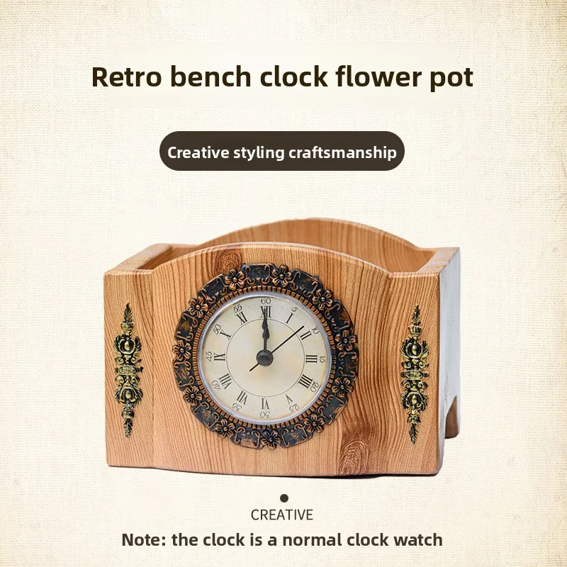 

Vintage Table Clock Potted Plant Modern Design Resin Crafts Ornaments Creative Flower Pot for Living Room Antique Style Clocks