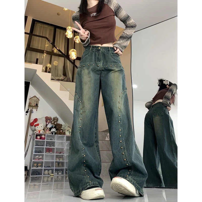 

Blue High Waist Women Jeans American Chic Design Fashion Vintage Streetwear Wide Leg Jean Female Trouser NEW Baggy Denim Pants