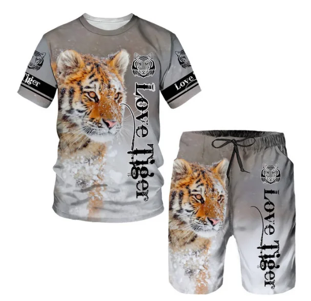 New Summer Men\'s Sets Shorts Outfits 3D Tiger Printed Short Sleeve T-shirt Two Pieces Casual Tracksuit Oversized Beach Sportwear