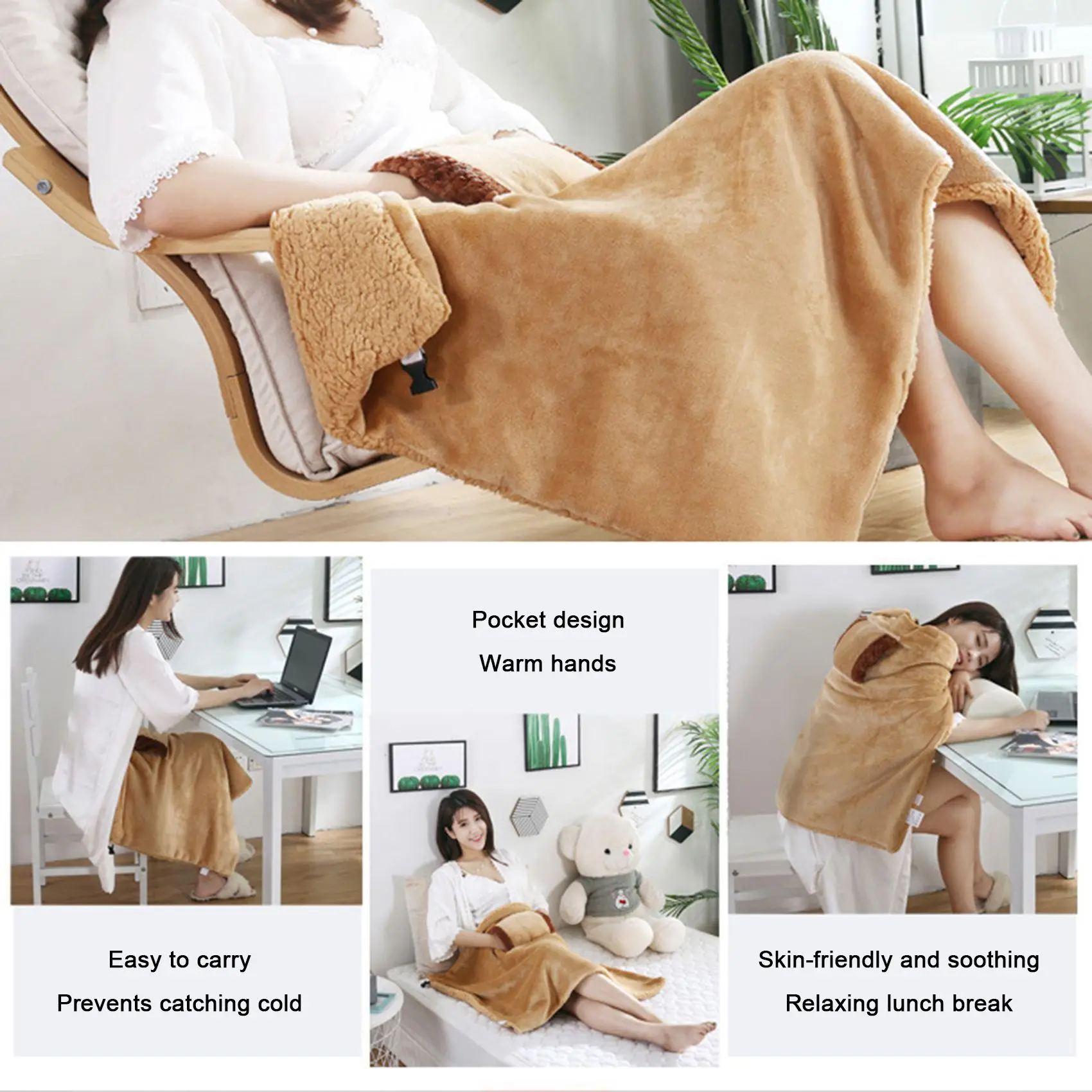 USB Electric Blanket Heater Bed Soft Thicker Warmer Machine Washable Thermostat Electric Heating Mat (Camel Color)