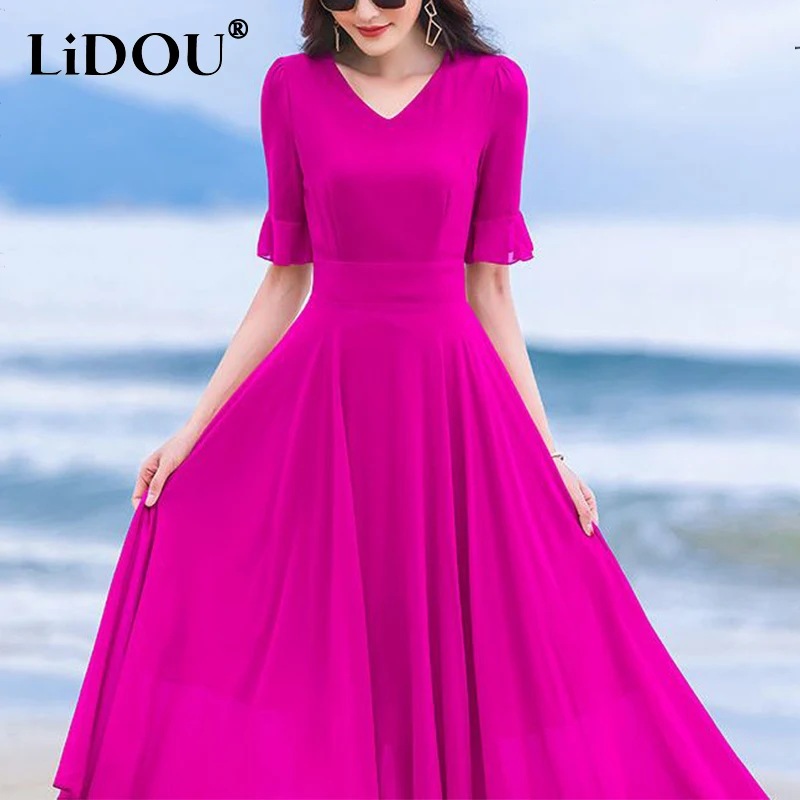 Summer V-neck Elegant Fashion Ruffles Beach Holiday Midi Dress Female Half Sleeve Waist Robe Women Solid Color Chiffon Vestidos