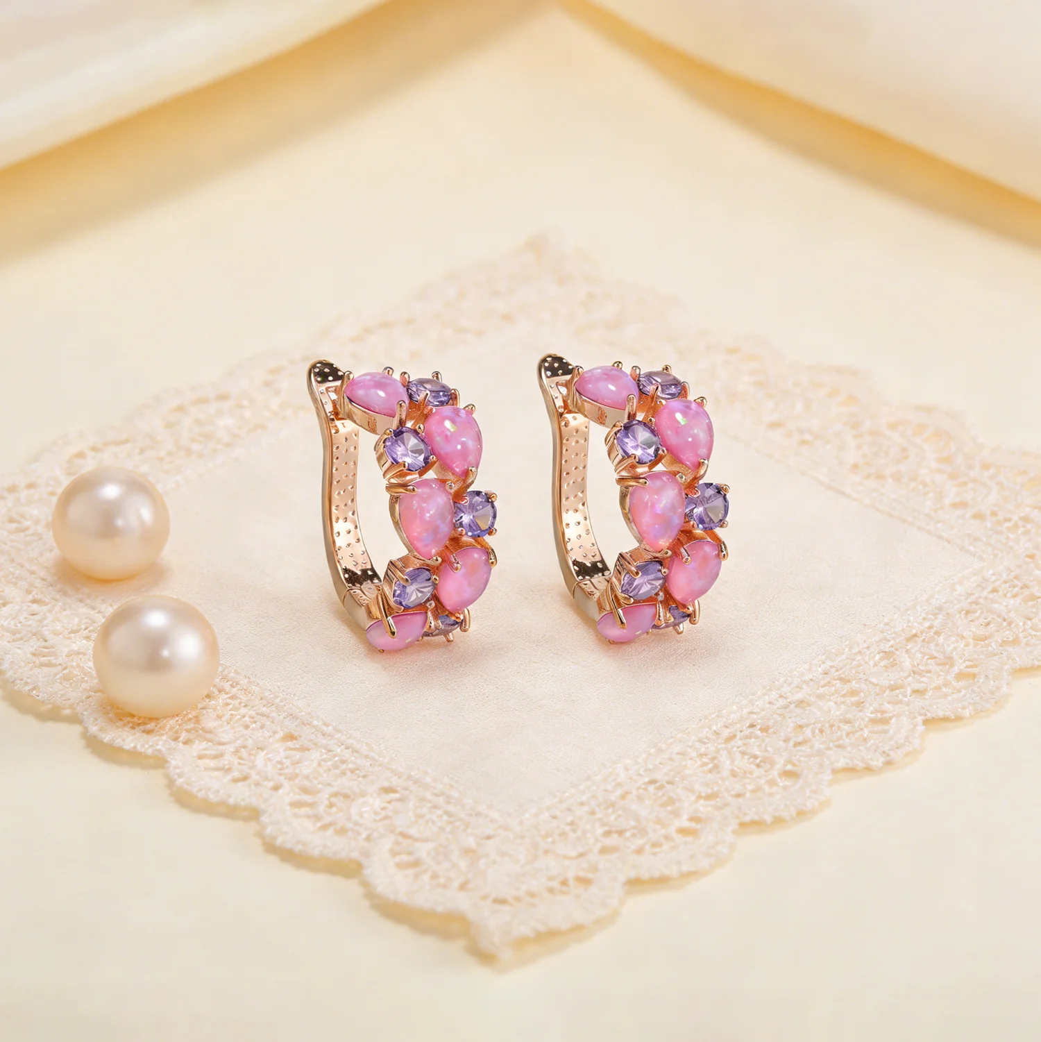 New Dainty Pink Opal Purple Round Zircon Earrings Women\'s Boho Trendy Fine Jewelry Holiday Wear Anniversaries Cute Gift for Girl