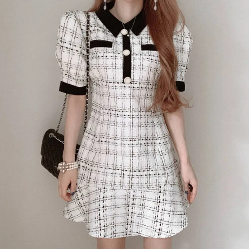 Rétro Chic col montant t-shirt bouton coupe ajustée bulle Sve ourlet à volants Dr couleur Blo taille haute ort été Dr