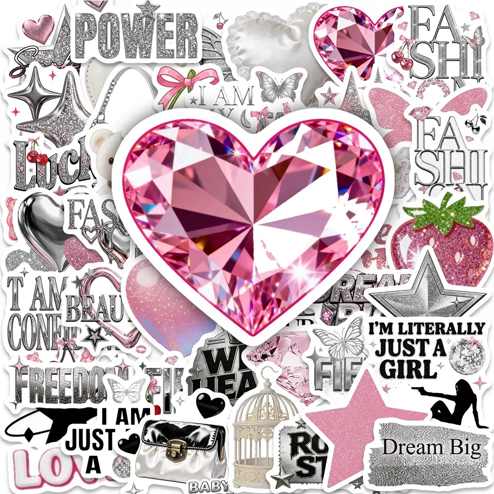 10/30/50 Stück Coole Rosa-Silberne Glücksbringer-Aufkleber Herz-Diamant-Sticker DIY Wasserflasche Gitarre Gepäck Y2K Cartoon Graffiti-Aufkleber