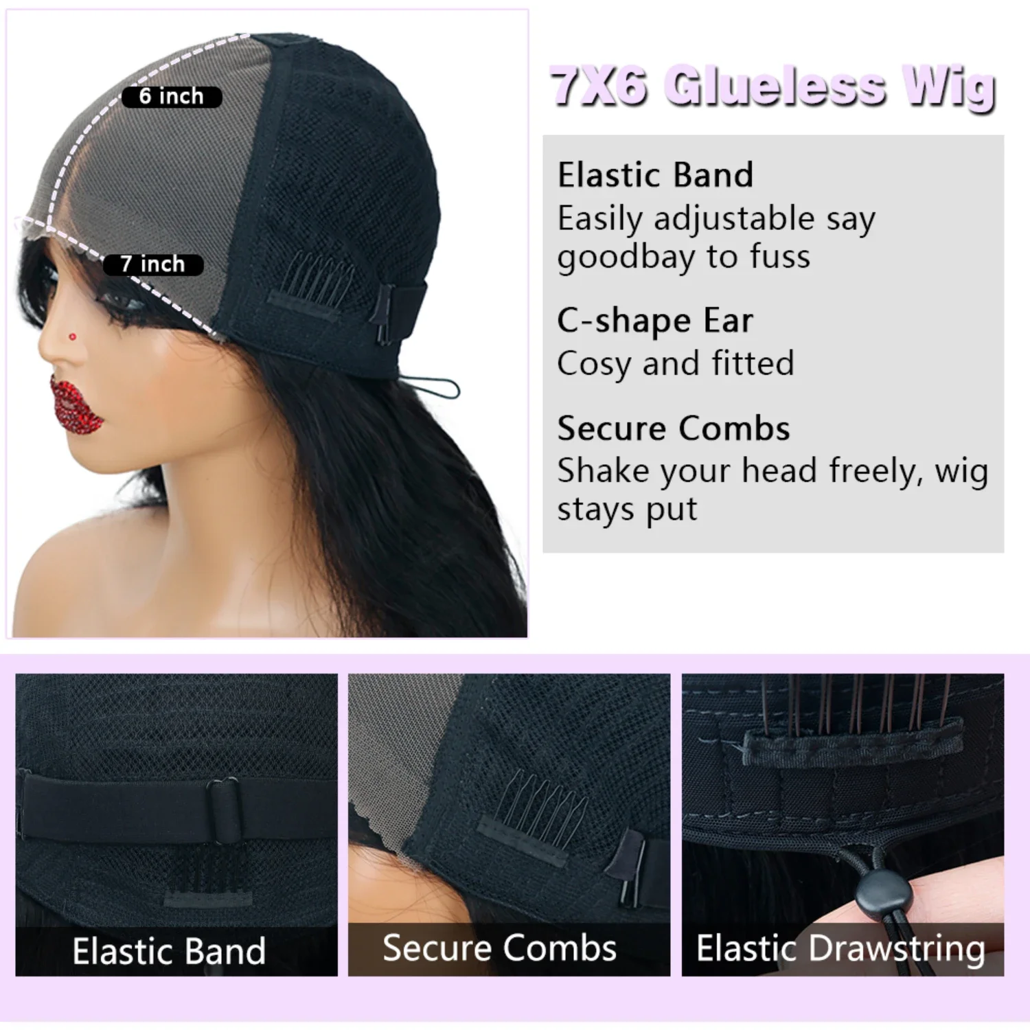 Parrucche anteriori in pizzo dritto grande 7x6 Capelli umani senza colla Chiusura anteriore in pizzo HD Parrucche pronte da indossare Densità 220% Glueless Nero naturale