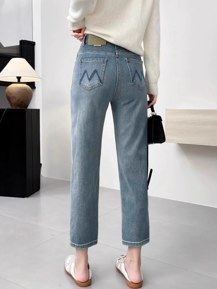 

Spring Autumn 2026 plus Size Women's Embroidered Pocket Straight Leg Denim Jeans Slimming Elastic Cigarette Pants High Waist
