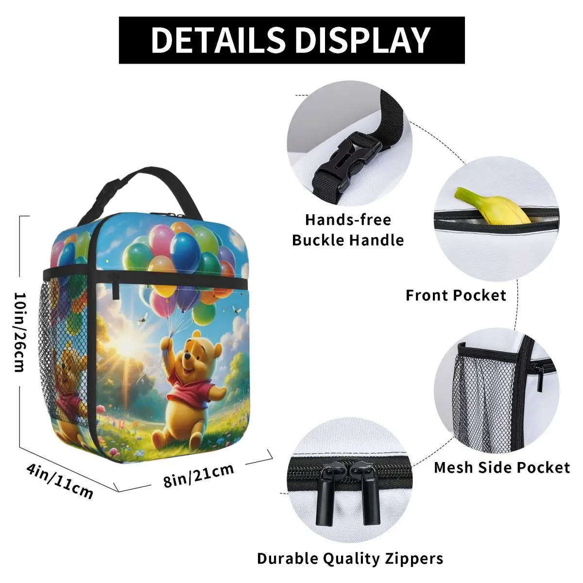 Winnie Pooh Borsa per il pranzo isolata per cartoni animati Kawaii per le donne Orso riutilizzabile Simpatico animale Borsa termica per il pranzo Tote Ufficio Picnic