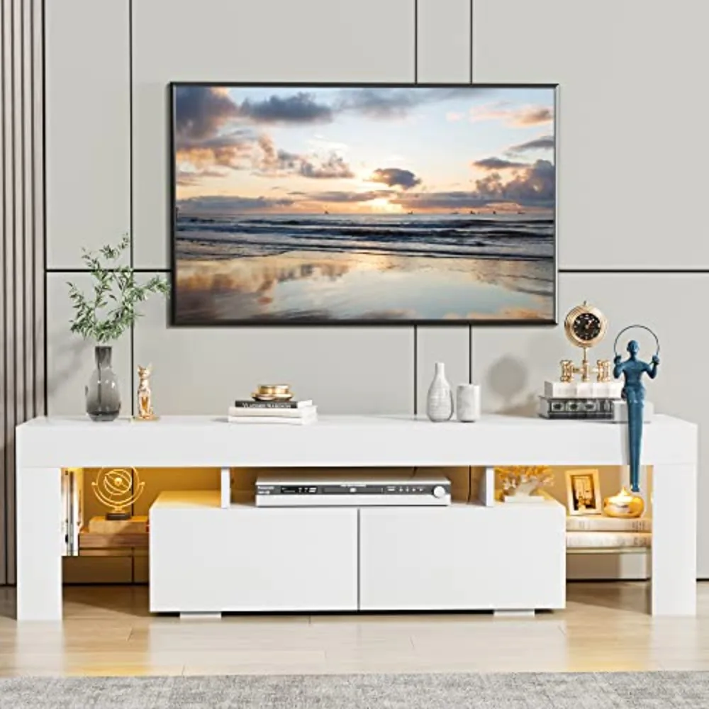 TV Stand with LED Lights, Modern Entertainment Center Media and Open Shelf Console Table Storage Desk with 1 Drawer and
