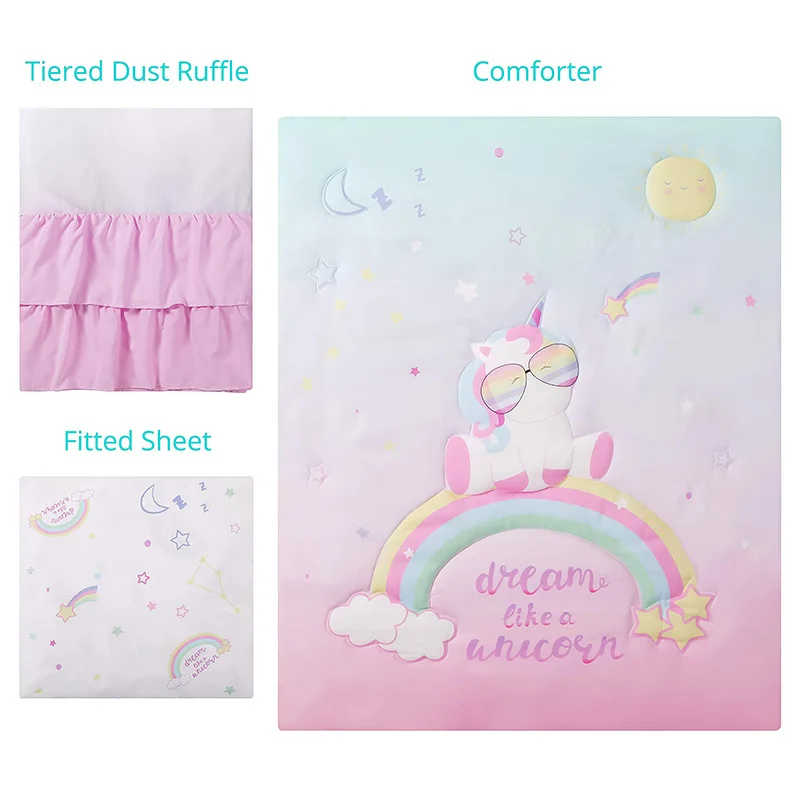 Unicorn Theme Bedding Set para o bebê, cama berço, berço Bumper Sheet, Cartoon Mermaid Comforter