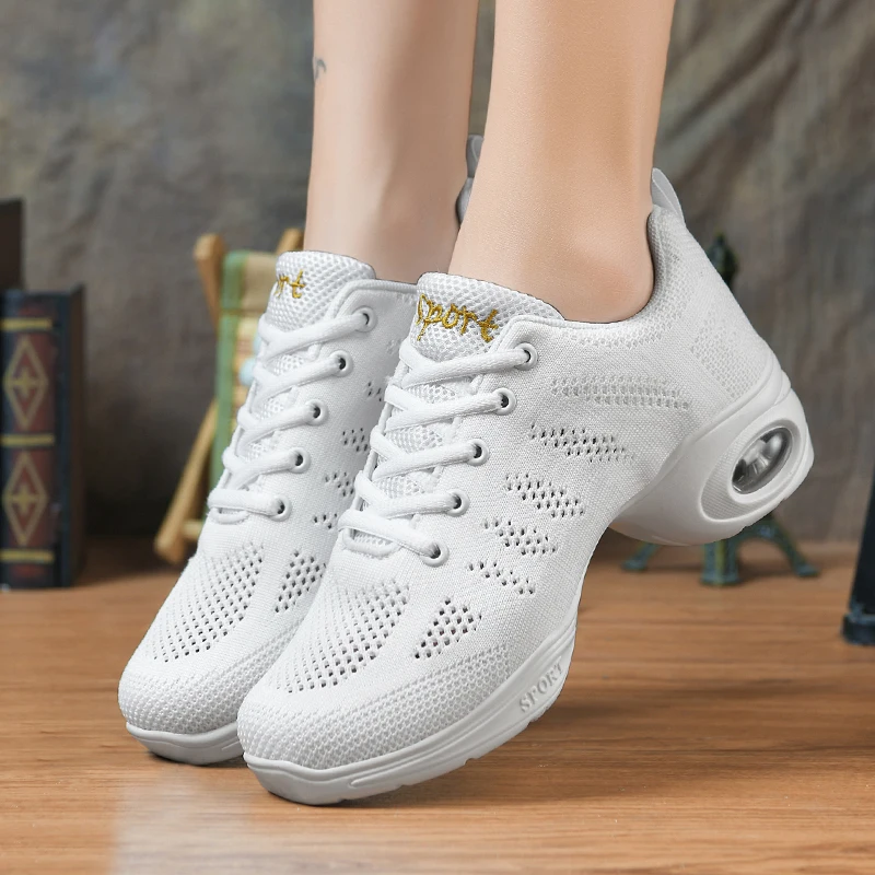 Women's Hollow Out Mesh Dance Shoes, Breathable Air Cushion Jazz Sneakers for Modern Square Dance, Fitness & Performance 727L