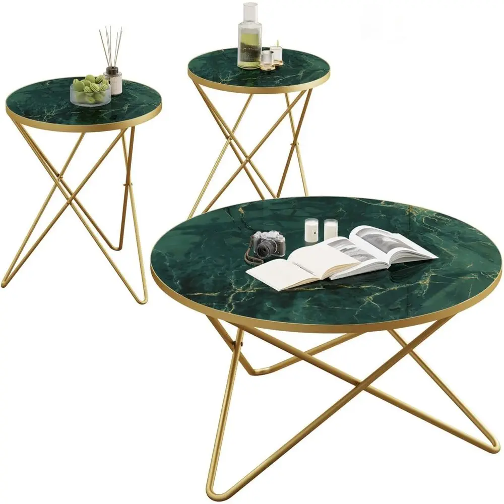

ern Round Coee Table and Side Table Set o 3,End Table with aux Marble Top and Gold Metal e, Side Table or Living Room, Bedroom,