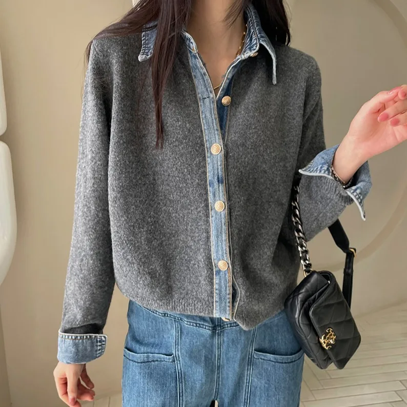 Women's Fashionable Knitted Sweater Autumn Season Korean Style Chic Lazy Style Jeans Splicing Slimming Open Cardigan Top