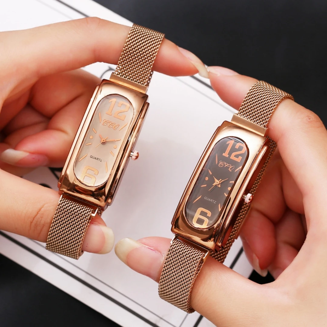 2PCS/Set Women\'s Watches Fashion Rectangle Magnet Clasp Mesh Band Quartz Watch（Without Box）