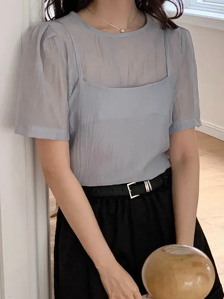 夏のシックな質感半袖シャツレディースファッション重ね着シースルーツーピースセットビジネスカジュアルバブルスリーブ