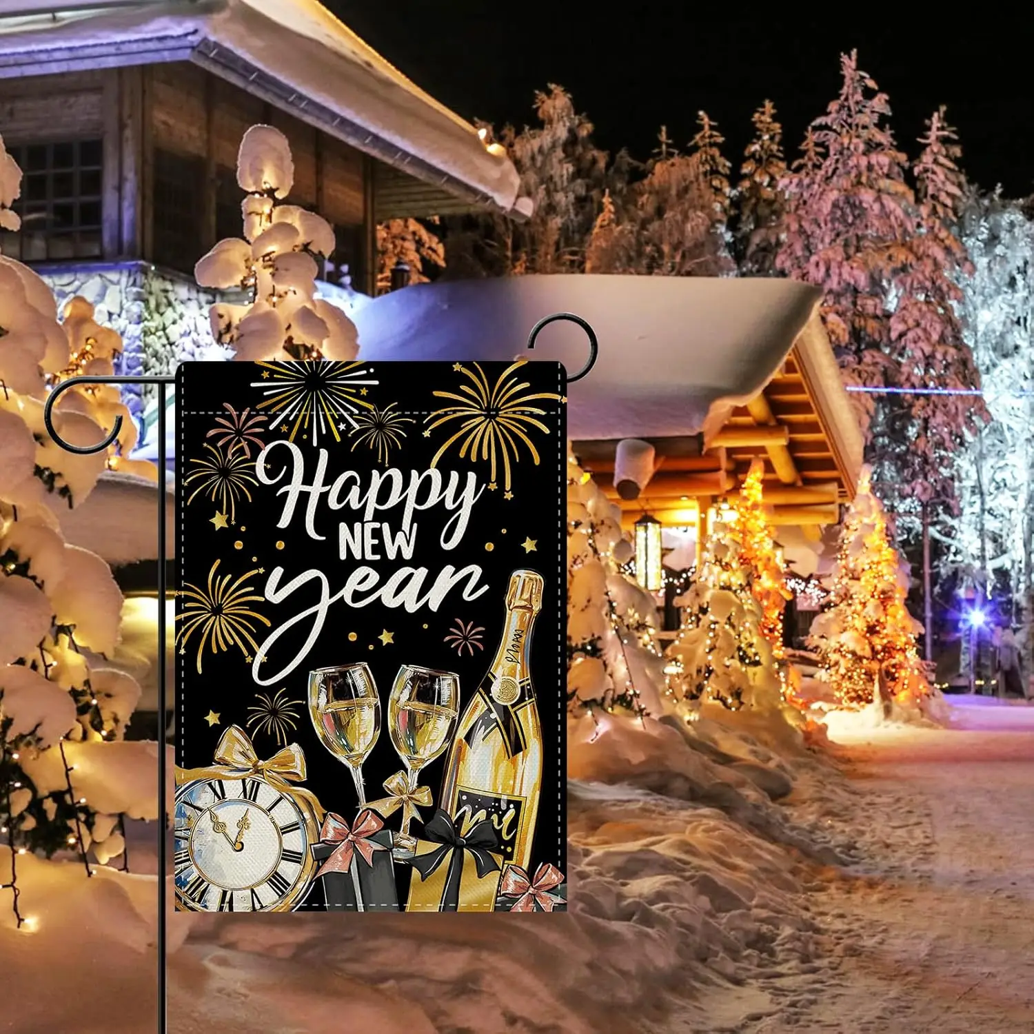 Dyrenson Happy New Year 2026 Decorative Garden Flag, Black Gold Champagne Clock Gifts Yard Outside Home Decoration, Christma IIC