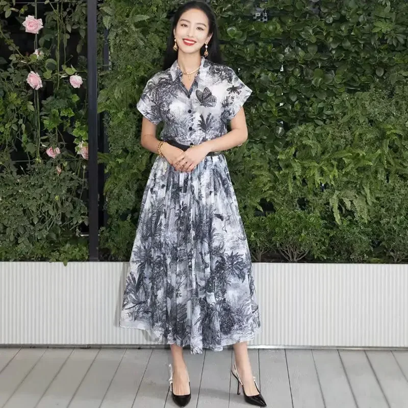 

Summer Fashion Celebrity Yang Caiyu Same Style High End Midi Printed Shirt Dress New