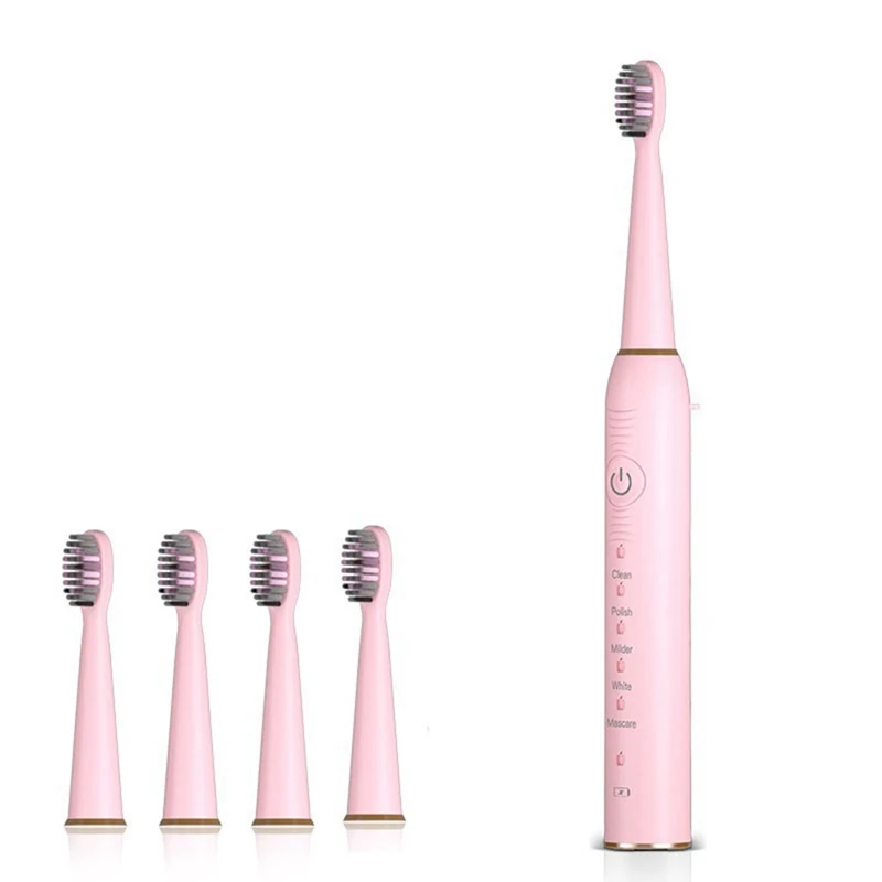 Escova de dentes elétrica sônica para adultos e crianças vibrador ultrassônico branqueador IPX7 4 cabeça de escova tipo bateria rosa