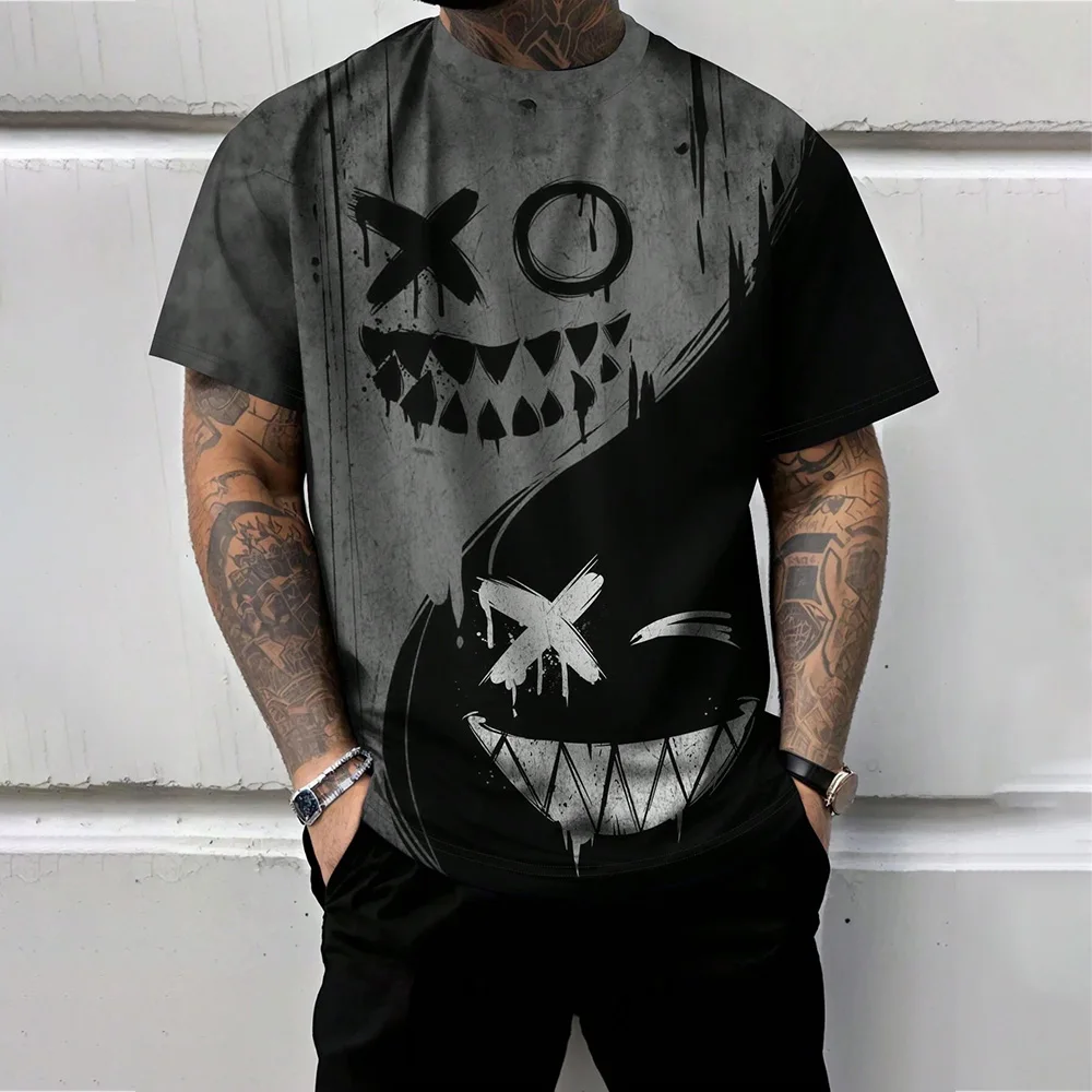 2024 Trendy Red And Black Spliced Printed Men's T-Shirt Funny Ghost Face Graphic T-Shirts Oversized Loose Short Sleeve Clothing