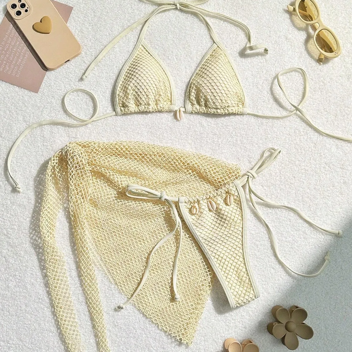 Women's Mesh Three-piece Swimsuit Set Sleeveless Push Up Bikini Swimsuits Ladies Hollow Out Swimwear Sexy Outfit Bathing Suits