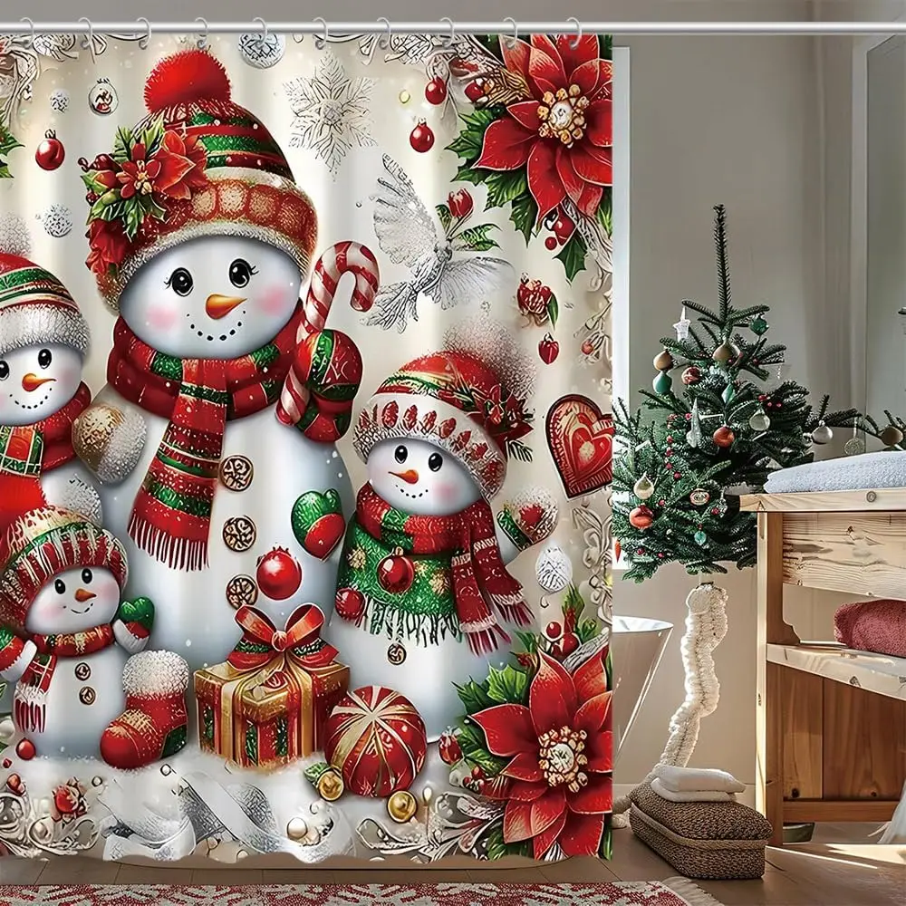 

Christmas Snowman Shower Curtain, Xmas Balls Snowflake Decorative Bathroom Curtains Set with Hooks, Winter Holiday Bathroom