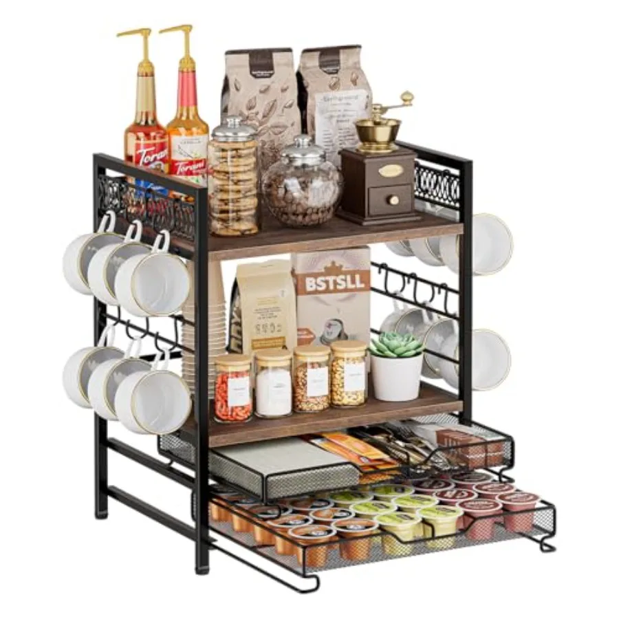 

Органайзер для кофейной станции на 4 уровня, для столешницы, с выдвижным ящиком для 30 капсул K-Cup, подставкой для кружек и 12 крючками