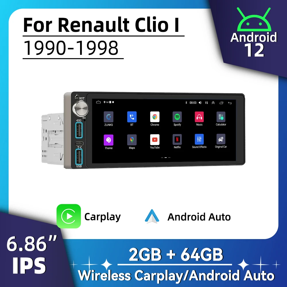 

Carplay Autoradio Android Car Multimedia for Renault Clio I 1990-1998 6.86" Screen 1 Din Radio Stereo Head Unit GPS Navigation