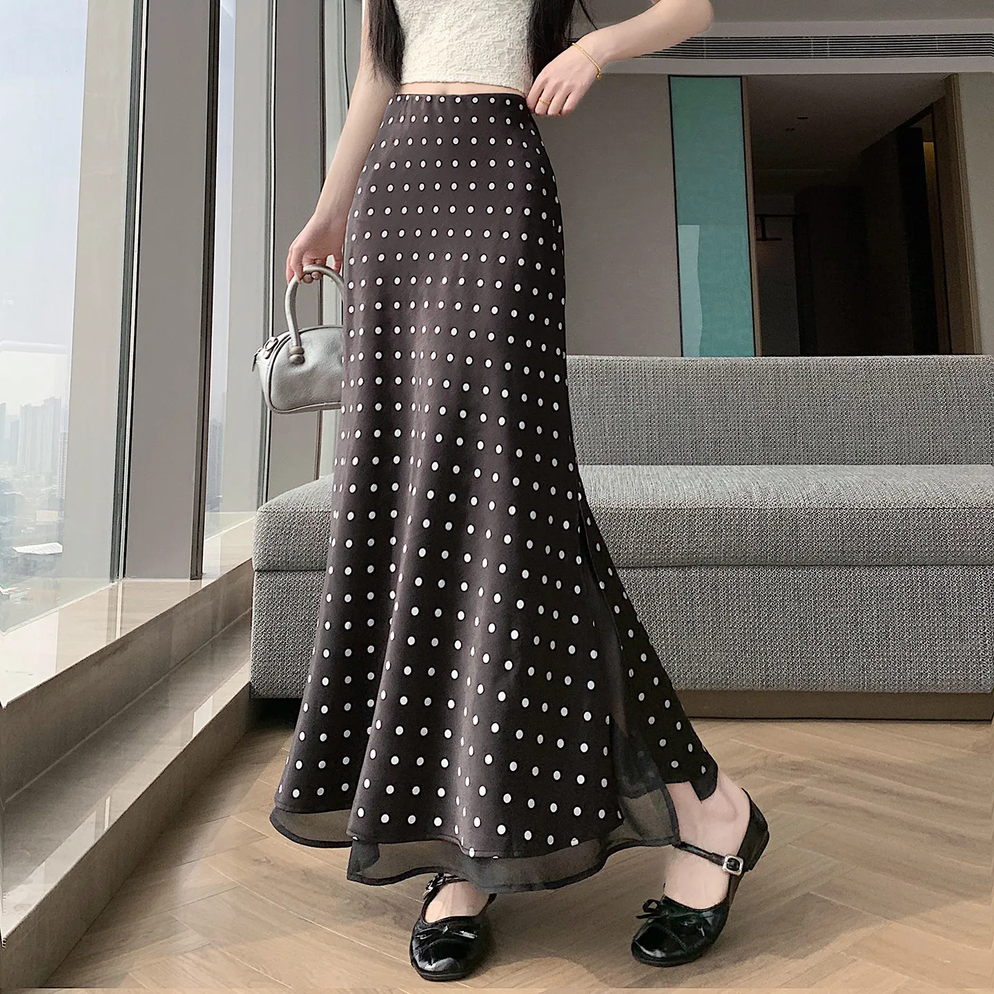 2026 New Summer Women's Polka Dot Mermaid Skirt, High Waist Bodycon Split A-line Midi Skirt for Petite Girls