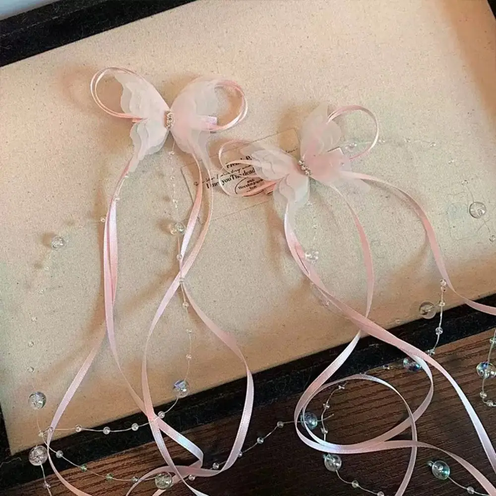 1PC Bowknot Ribbon Butterfly Hair Clips Glass Beaded Y2K Style Long Tassels Hairpins Rhinestone Ponytail Headdress Women - view 3