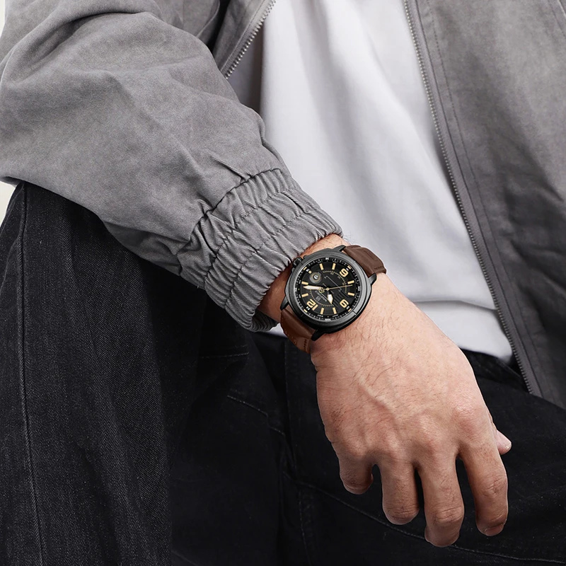 NAVIFORCE Men's Fashion Quartz Watches 3ATM Waterproof Luminous Display Classic Compass Dial PU Breathable Strap Wristwatches