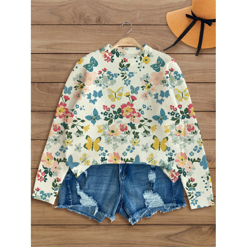 

Flying Butterfly Flower Print Sweater,Women's Fall Winter Knitted Pullover, Soft Fabric, Long Sleeve, Round Neck, Casual Trendy