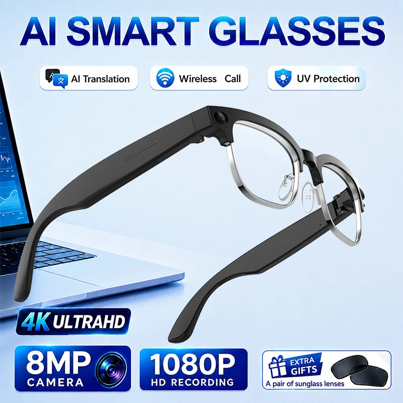 Smart AI Glasses 8MP HD Camera Take Photo Video Recording WIFl Transmission Audio Recording Slide Touch Smart Q&A Smart Glasses