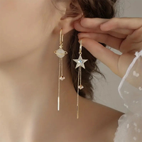 2PC New Trend Star Earth Long Tassel Dangle Earrings For Women Planet Crystal Statement Pendant Earrings Wedding Party Jewelry