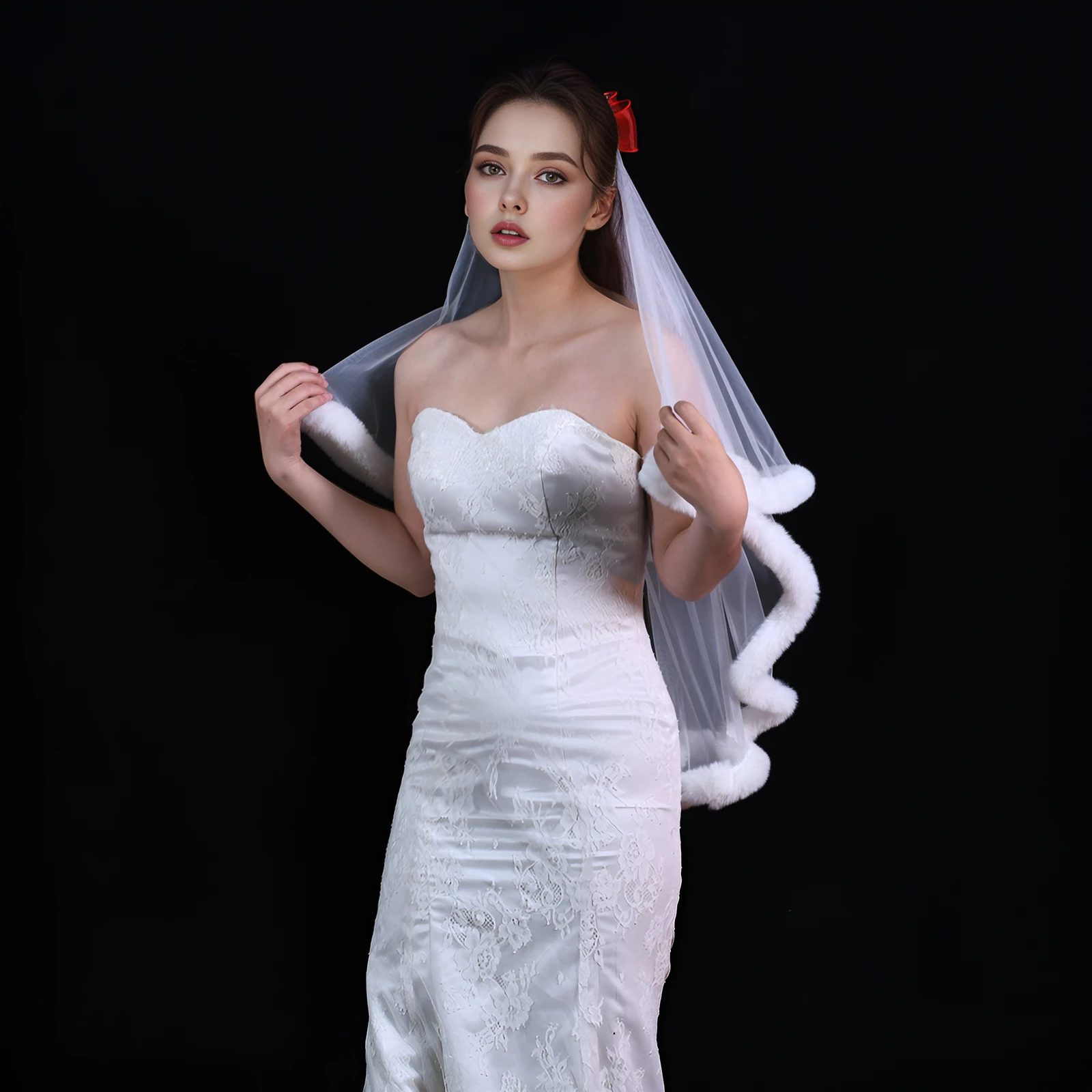 YouLaPan V256 The Latest Autumn and Winter Plush Soft Bridal Wedding Veil with Red Bow Decoration and Hair Comb Party Accessorie