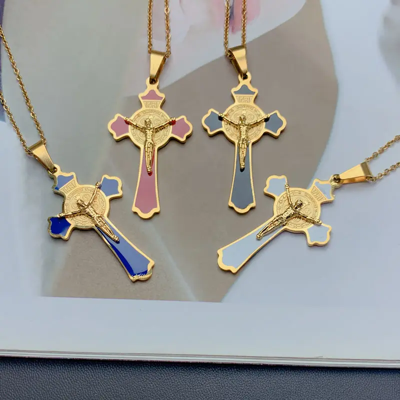 

Fshion Stainless Steel Enamel Necklace Women Men Jewelry Religious Jesus Cross Pendant Neck