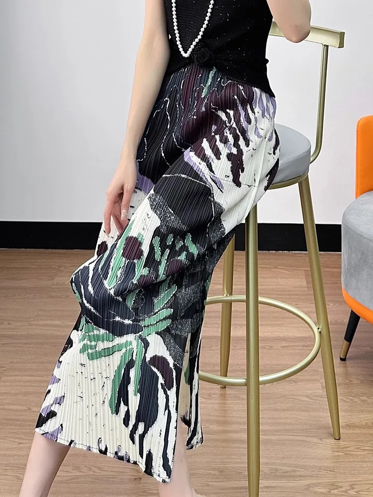 Slimming Pleated A-Line Skirt High Waist Midi Skirt Women's Summer New Style Folded Texture Half Body Skirt Floral Pattern