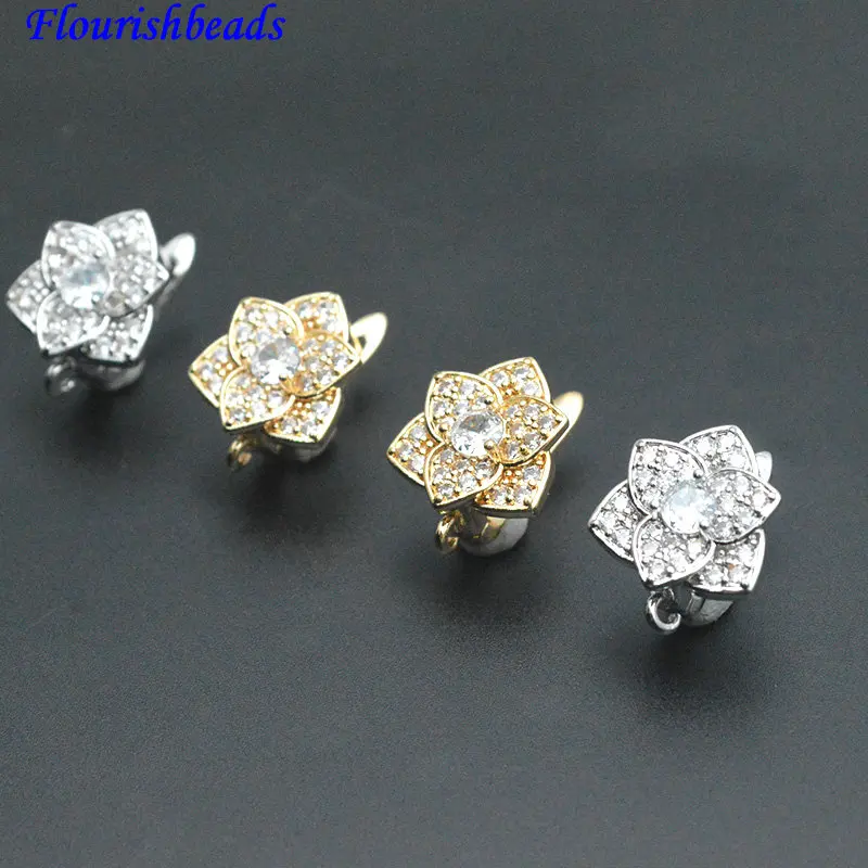 

30pc Dangle Earrings Making Supplies Metal Brass Hook Clasps CZ Paved Flower Shape Jewelry Findings