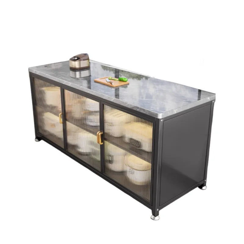 Kitchen shelf rock slab floor-to-ceiling multi-layer function integrated storage cabinet against the wall, dining side worktable