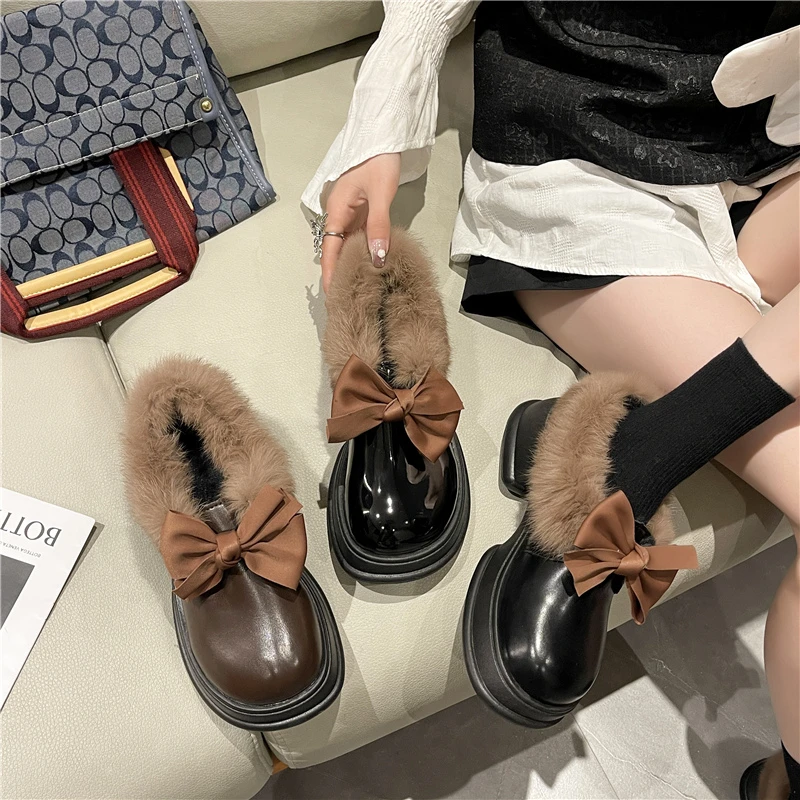 Thick Bottom Round Head with Velvet Warm Bow Waterproof Table Fashion All Comfortable Non-slip Breathable Single Shoes Women