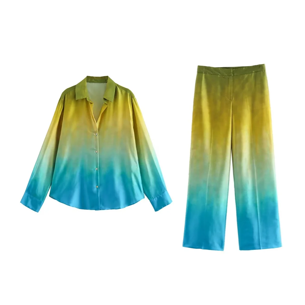 PB&ZA 2024 Summer New Women\'s Fashion and Casual Versatile Silk Satin Texture Tie Dyed Shirt Straight Leg Pants Set