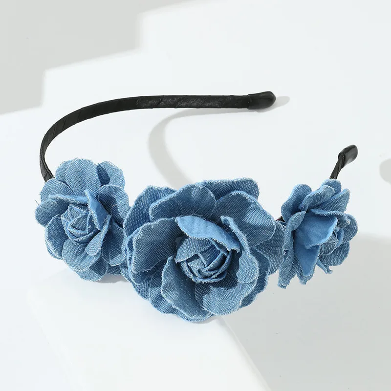 Denim Blue rose flower heightening cranial top headband for women retro simple commuter face wash headband