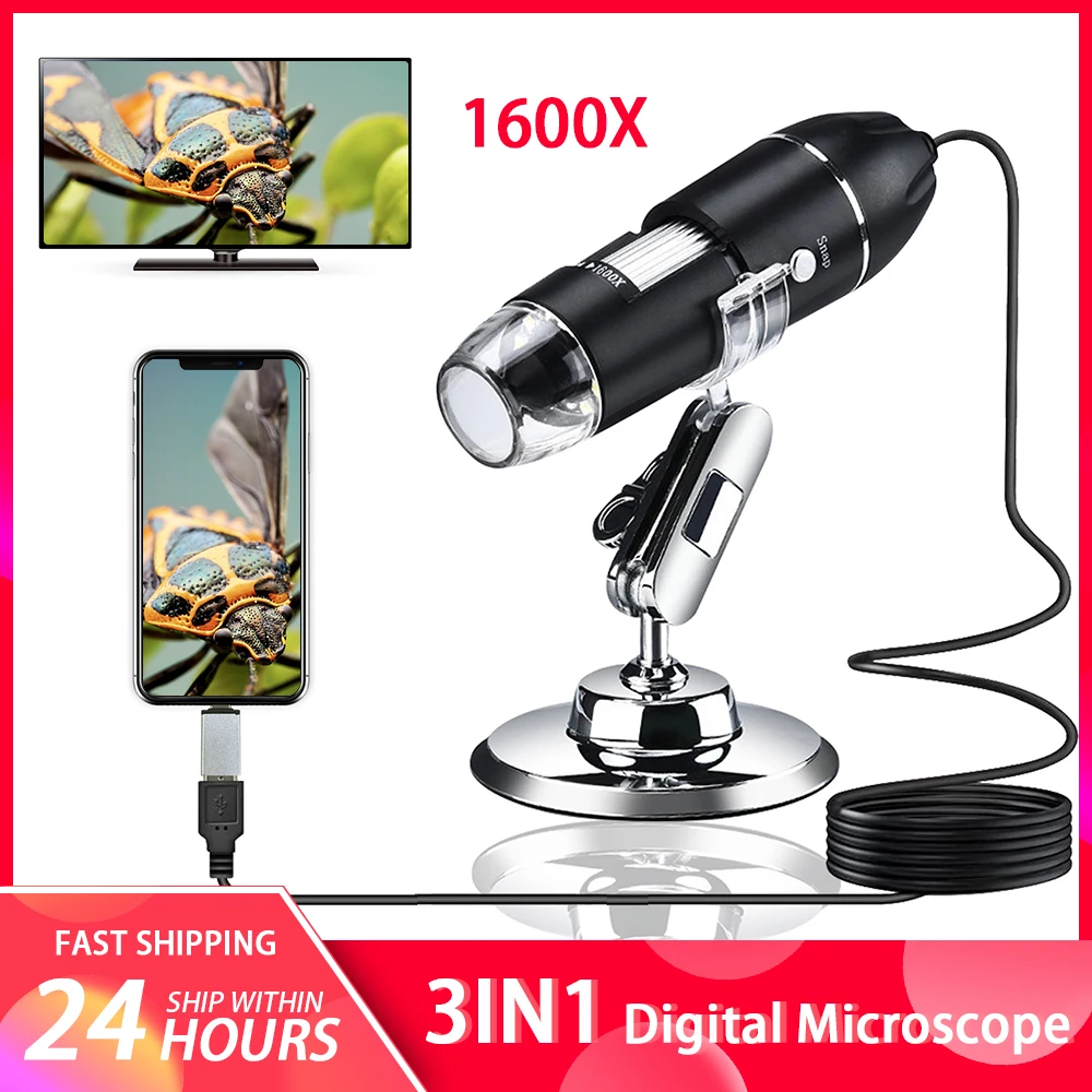 1600X Digital Microscope 3in1 USB Type-C Portable Electronic Microscope Adjustable for Phone Repair for Soldering LED Magnifier