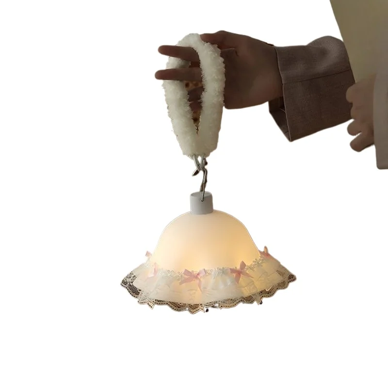 Cute Lace Bow Portable Night Light, Rechargeable Hanging LED Lamp for Bedroom Decor Gift