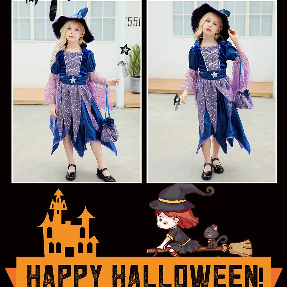 Meninas trajes de bruxa chapéu varinha mágica saco de doces crianças traje de halloween crianças bruxa cosplay vestido menina desempenho foto adereços