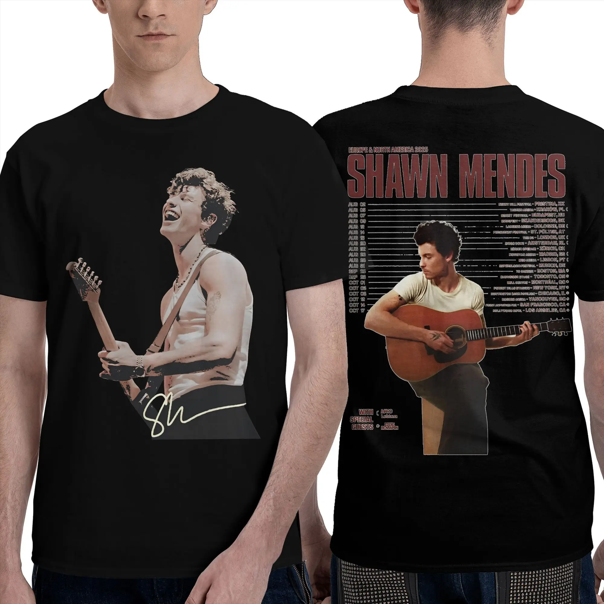 유머 Shawn Mendes 온 더 로드 어게인 투어 2025 남성용 티셔츠 O넥 100% 코튼 티셔츠 반팔 티셔츠 플러스 사이즈 탑