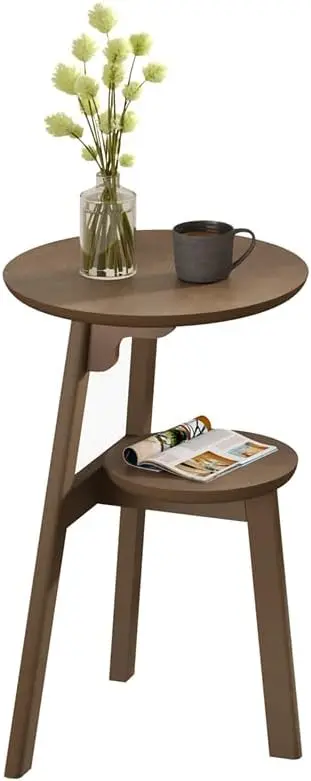 

Round End Table for Small Spaces, Narrow Side Table, Accent Table Night Stand with 2 Tier Shelf for Bedroom and Living Room