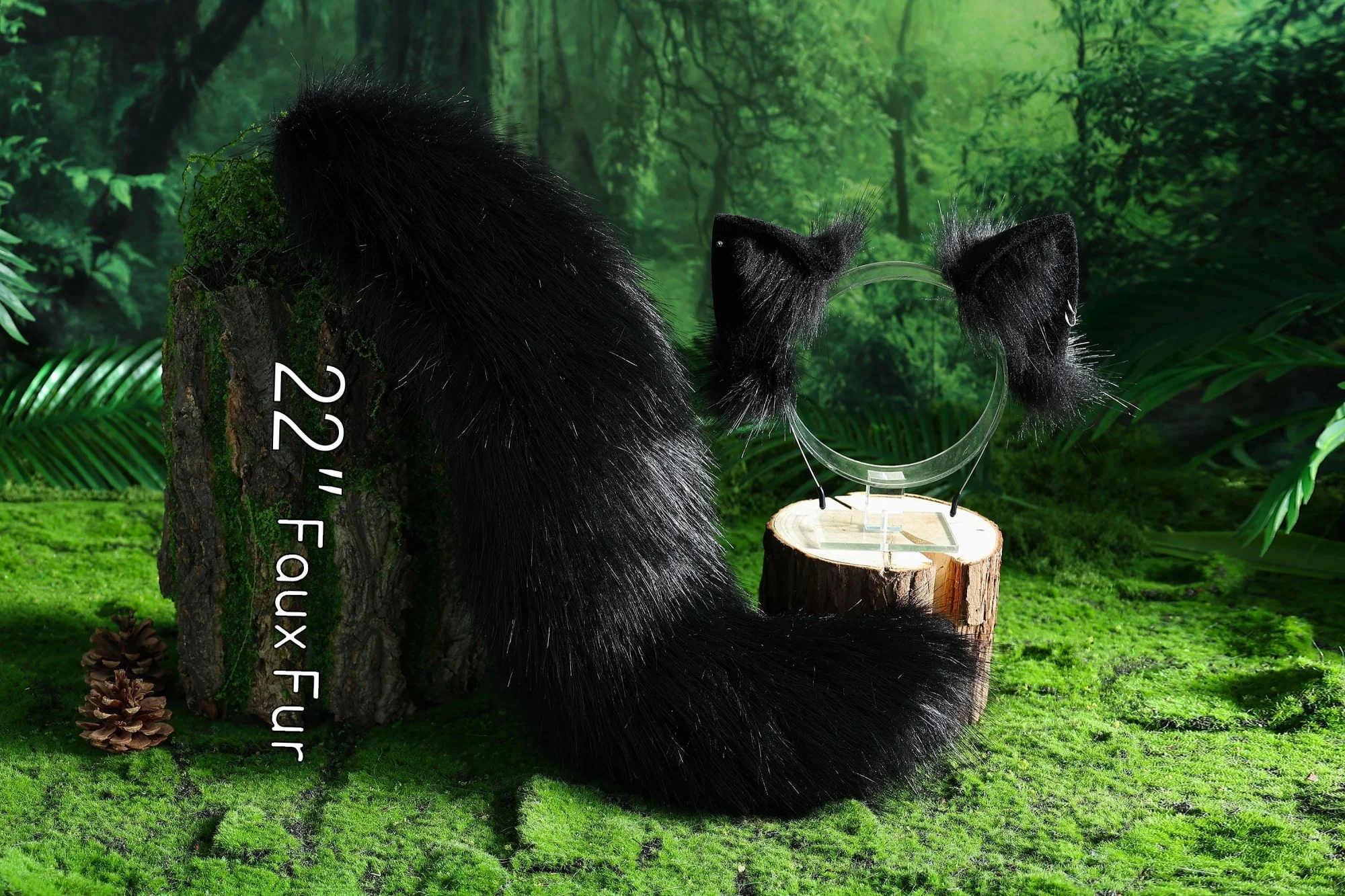 Black faux fur fox ears and tail, curved wolf tail and ears, kitten ears and tail set, anime character cosplay ears and tail.