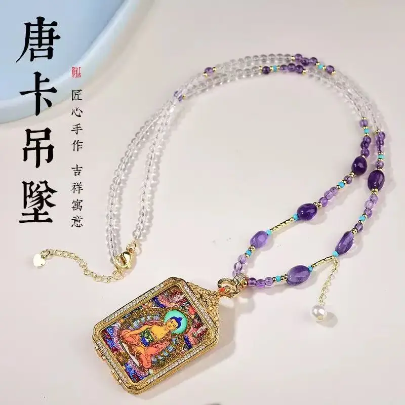 New Chinese Style Natural Amethyst Clavicle Chain Light Luxury Versatile Sakyamuni Thangka Pendant Necklace for Women Gifts