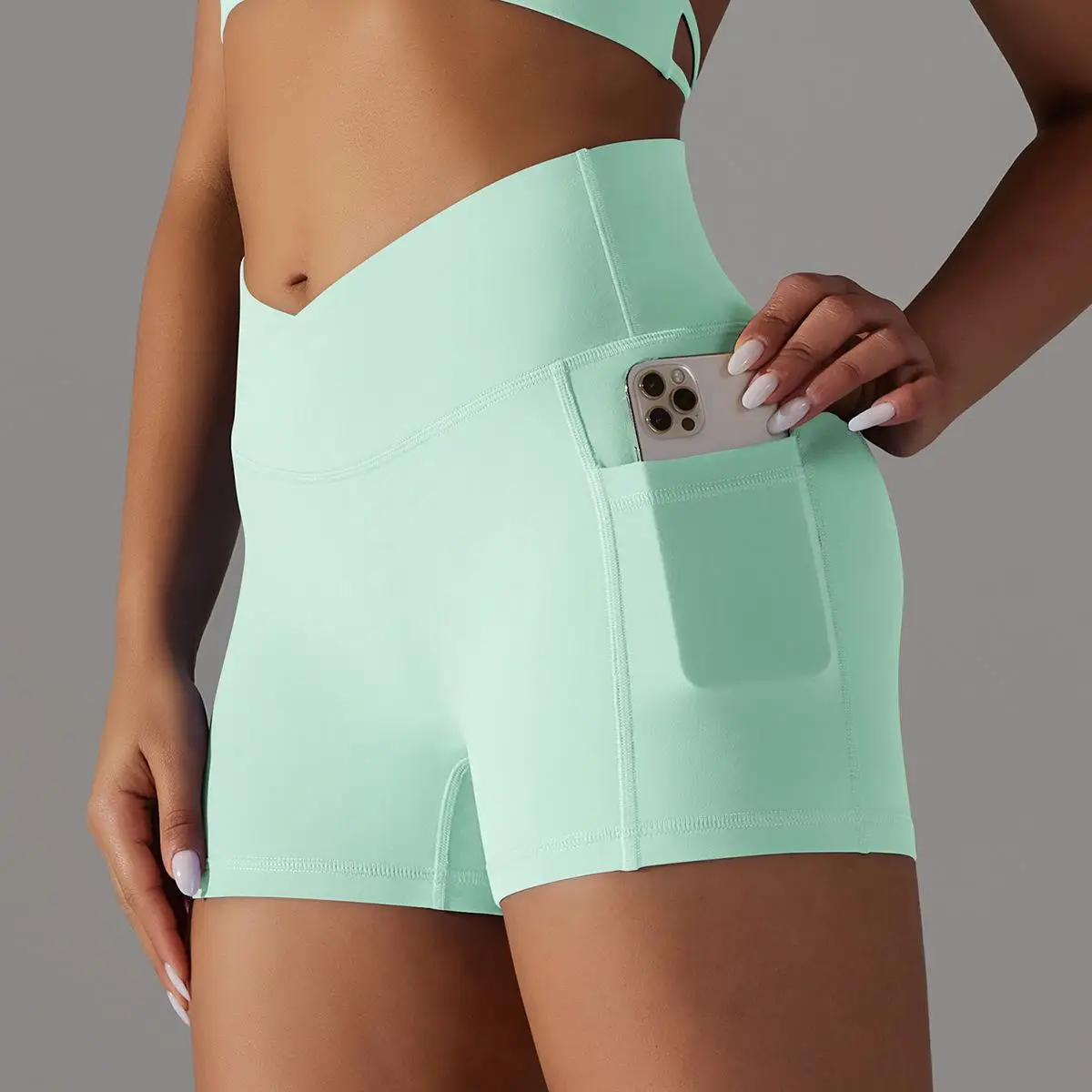 Short taille haute croisé pour femme, legging de sport avec poche, pantalon d'entraînement, nouveau